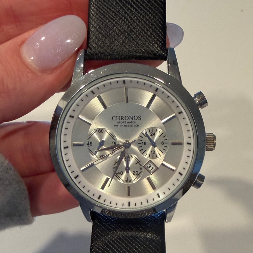 Chronos Silver Dial Black Leather Strap Watch